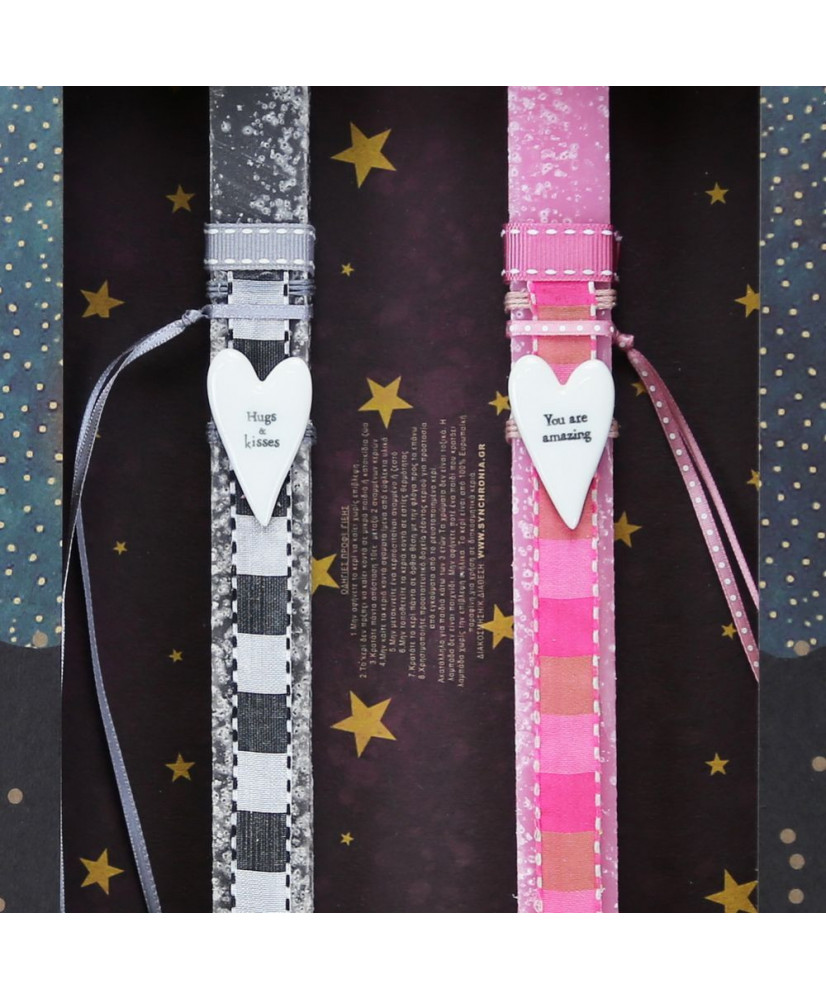 Λαμπάδες σετ για δύο με πορσελάνινα στολίδια καρδιές 30εκ.