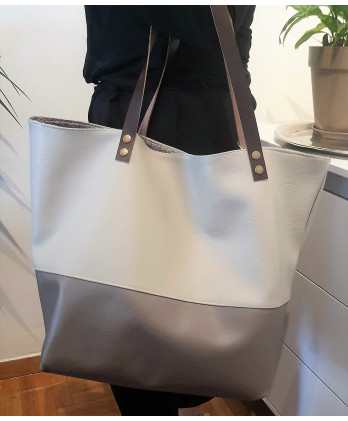 Τσάντα ώμου reversible δερματίνη γκρεζ ανοιχτό και σκούρο 60x38x28εκ