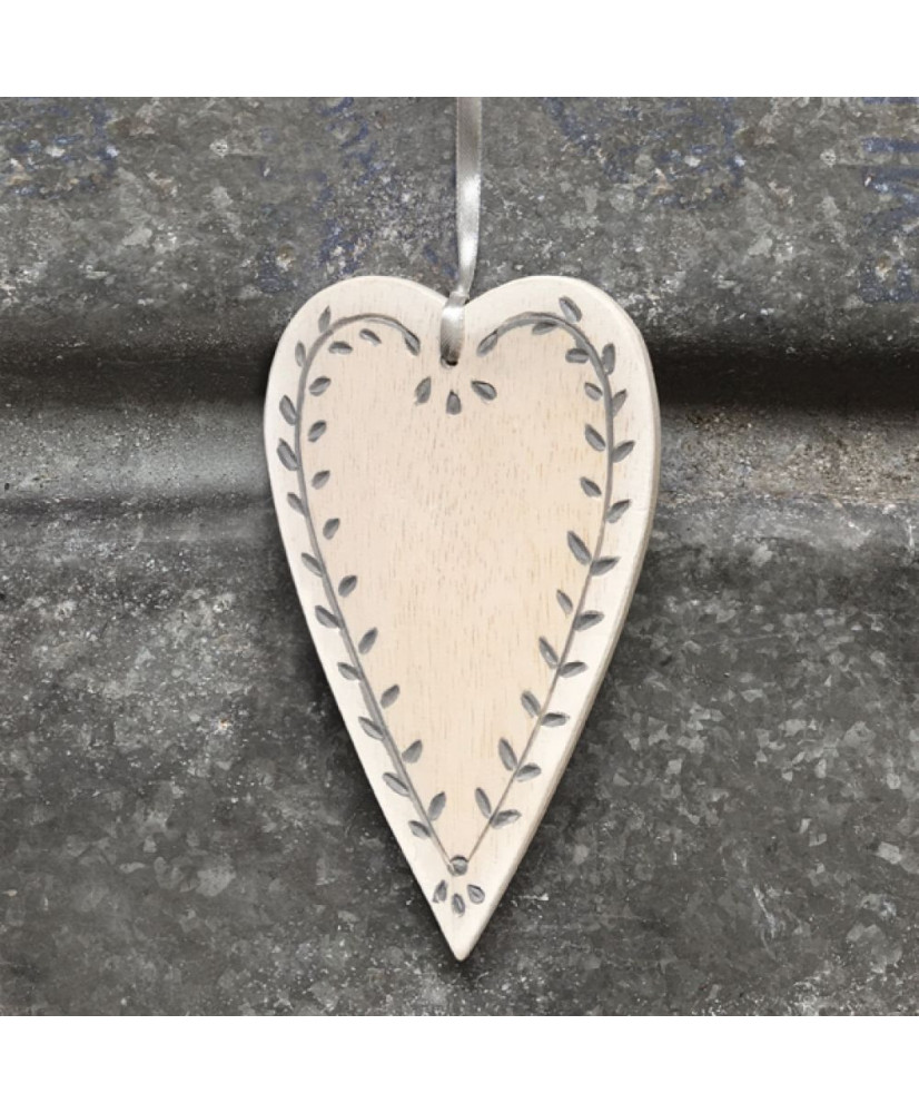 Ξύλινη Καρδιά Κρεμαστή Μακριά Σκαλισμένη Με Γκρι Φύλλα 16x1x9εκ