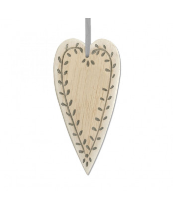 Ξύλινη Καρδιά Κρεμαστή Μακριά Σκαλισμένη Με Γκρι Φύλλα 16x1x9εκ