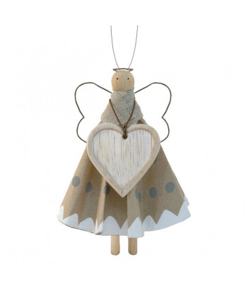 Ξύλινο Μανταλάκι Κούκλα Με Λευκό Και Μπεζ Φορεματάκι 13,5εκ