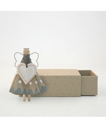 Ξύλινο Μανταλάκι Κούκλα Με Γκρι Και Μπεζ Φορεματάκι 13,5εκ