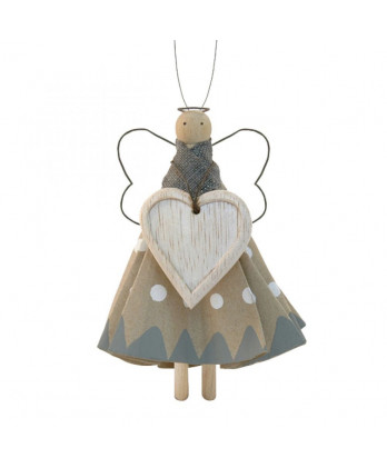 Ξύλινο Μανταλάκι Κούκλα Με Γκρι Και Μπεζ Φορεματάκι 13,5εκ