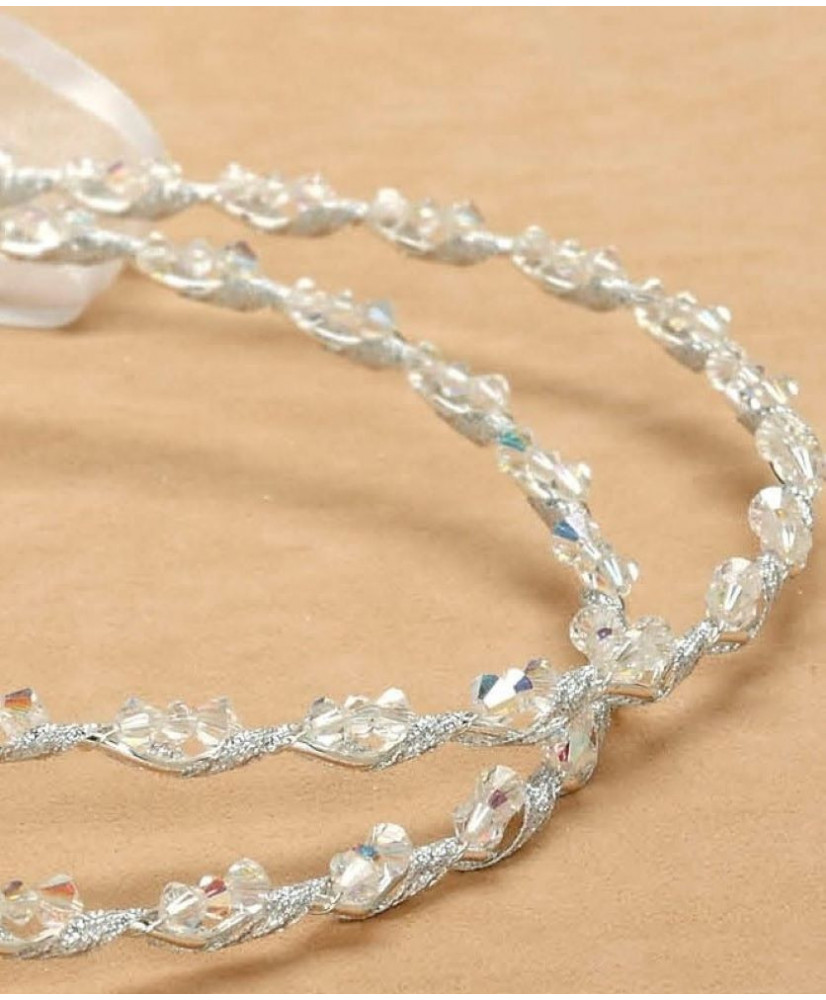 Στέφανα Χειροποίητα Επαργυρωμένα Vintage Με Ασημένια Κυματιστή βέργα Και Πλεγμένη Κορδέλα Στολισμένα Με Διάφανες Χάντρες