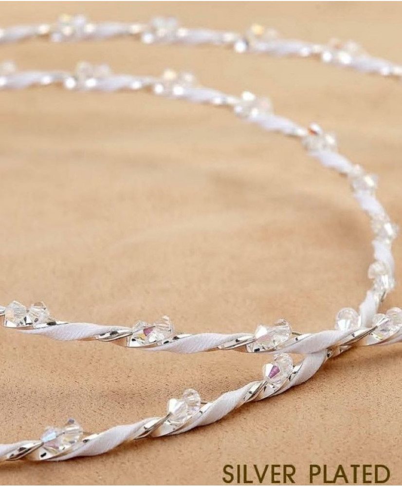 Στέφανα Χειροποίητα Επαργυρωμένα Vintage Ασημένια Πλεγμένα Με Λευκή Κορδέλα Και Διάφανες Χάντρες