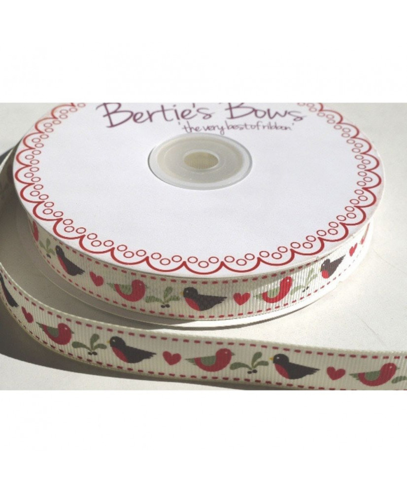 Κορδέλα Σε Ιβουάρ Χρώμα Με Σχέδια Πουλιά Robin 25μ