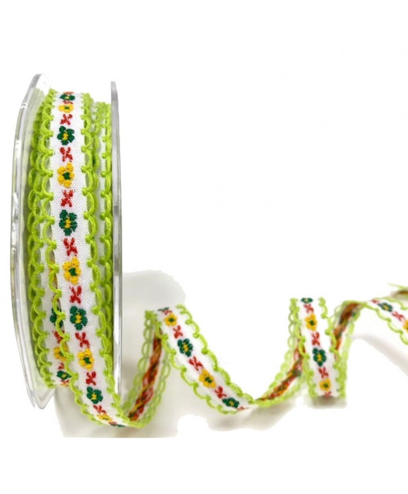 Κορδέλα Με Κέντημα Λουλούδια Σε Χρώμα Λευκό Και Λάιμ 10μ
