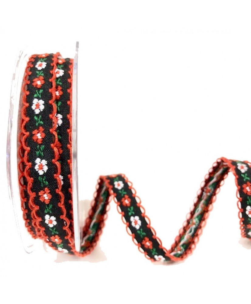 Κορδέλα Με Κέντημα Λουλούδια Σε Χρώμα Κόκκινο Και Μαύρο 10μ
