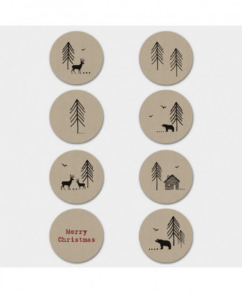 Αυτοκόλλητα Στρογγυλά Με Καφέ Φόντο Και Σχέδιο Δάσος Χριστουγέννων