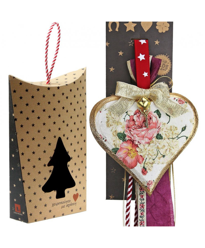 Γούρι Με Vintage Ξύλινη Καρδιά Roses