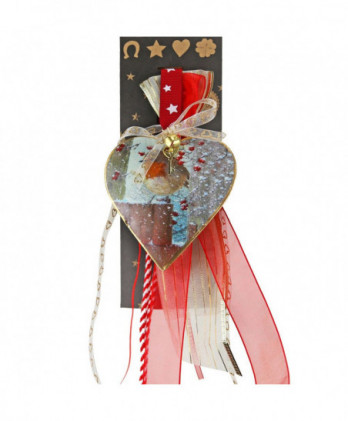 Γούρι Μεταλλική Καρδιά Με Σχέδιο Πουλάκι Και Χιόνι