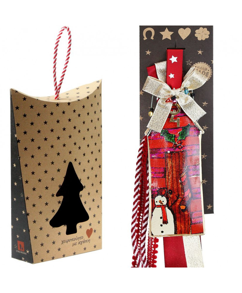 Γούρι Με Μεταλλικό Κόκκινο Σπίτι Και Χιονάνθρωπο 30x19εκ