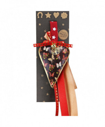 Γούρι Με Μεταλλική Καρδιά Φλοράλ Σε Καφέ Χρώμα