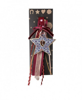 Γούρι Με Ξύλινο Μπλε Αστέρι Και Κουδουνάκι