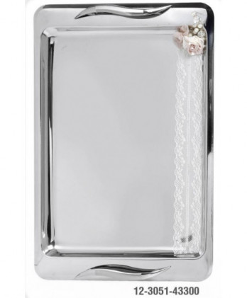 Σετ Γάμου Καράφα – Ποτήρια Και Δίσκος Στολισμένο Από Διπλή Δαντέλα Και Λουλούδια Με Πέρλα